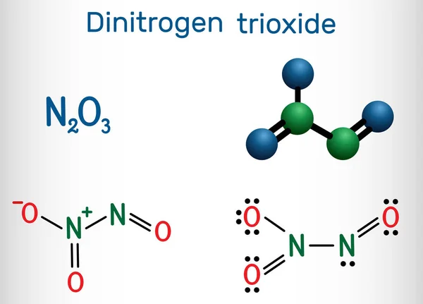 Trióxido de dinitrógeno, molécula de N2O3. Fórmula química estructural y modelo molecular . — Vector de stock