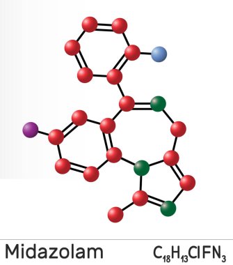 Midazolam molekülü. Anksiyete, antikonvülsan, hipnoz, kas gevşetici, yatıştırıcı ve hafıza kaybı özellikleri olan kısa etkili bir ilaçtır.. 
