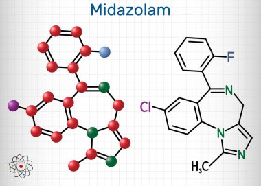 Midazolam molekülü. Anksiyete bozukluğu, antikonvülsan, hipnoz, kas gevşetici, sakinleştirici ve hafıza kaybı özellikleri olan kısa etkili bir ilaç. Yapısal formül ve molekül modeli. Kafesteki bir kağıt parçası.