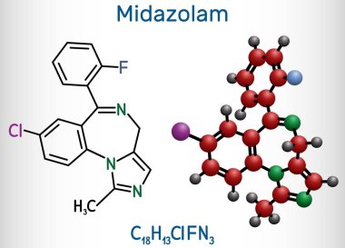 Midazolam molekülü. Anksiyete bozukluğu, antikonvülsan, hipnoz, kas gevşetici, sakinleştirici ve hafıza kaybı özellikleri olan kısa etkili bir ilaç. Yapısal kimyasal formül ve molekül modeli. 