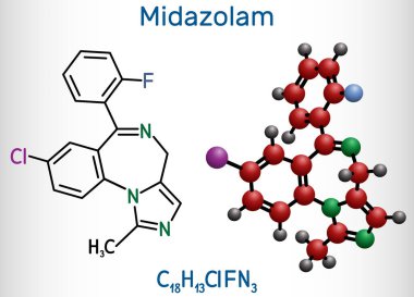 Midazolam molecule. Is a short-acting drug with anxiolytic, anticonvulsant, hypnotic, muscle relaxant, sedative, amnesic properties. Structural chemical formula and molecule model.  clipart