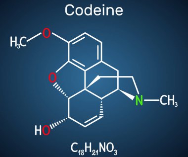 Kodein, opioid analjezik molekül. Merkezi bir ağrı kesici, yatıştırıcı, hipnotik, antiinociceptive ve antiperistaltik olarak kullanılır. Koyu mavi arkaplanda yapısal kimyasal formül. 