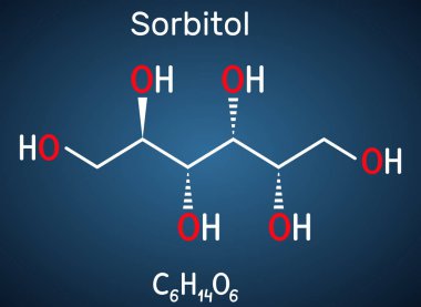 Sorbitol, glukoz molekülü. Tatlı bir tadı olan polihidrik alkol. Koyu mavi arkaplanda yapısal kimyasal formül. 