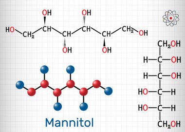 Manitol, şeker alkolü, sorbitol izomer molekül. Tatlandırıcı ve ilaç olarak kullanılır. Yapısal kimyasal formül ve molekül modeli. Kafesteki bir kağıt parçası.