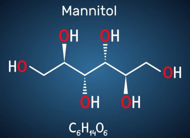 Manitol, şeker alkolü, sorbitol izomer molekül. Tatlandırıcı ve ilaç olarak kullanılır. Koyu mavi arkaplanda yapısal kimyasal formül.