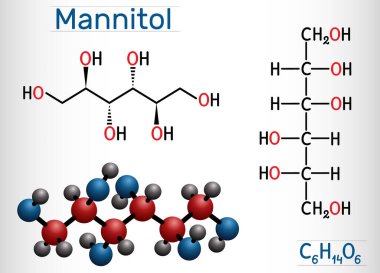 Manitol, şeker alkolü, sorbitol izomer molekül. Tatlandırıcı ve ilaç olarak kullanılır. Yapısal kimyasal formül ve molekül modeli.