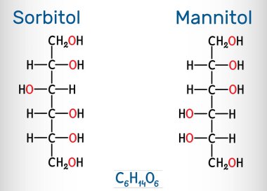 Sorbitol ve mannitol molekülleri, tatlandırıcı olarak kullanılan iki çeşit şeker alkolüdür. Yapısal kimyasal formül ve molekül modeli. 