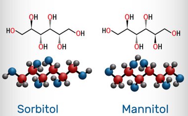 Sorbitol ve mannitol molekülleri, tatlandırıcı olarak kullanılan iki çeşit şeker alkolüdür. Yapısal kimyasal formül ve molekül modeli.