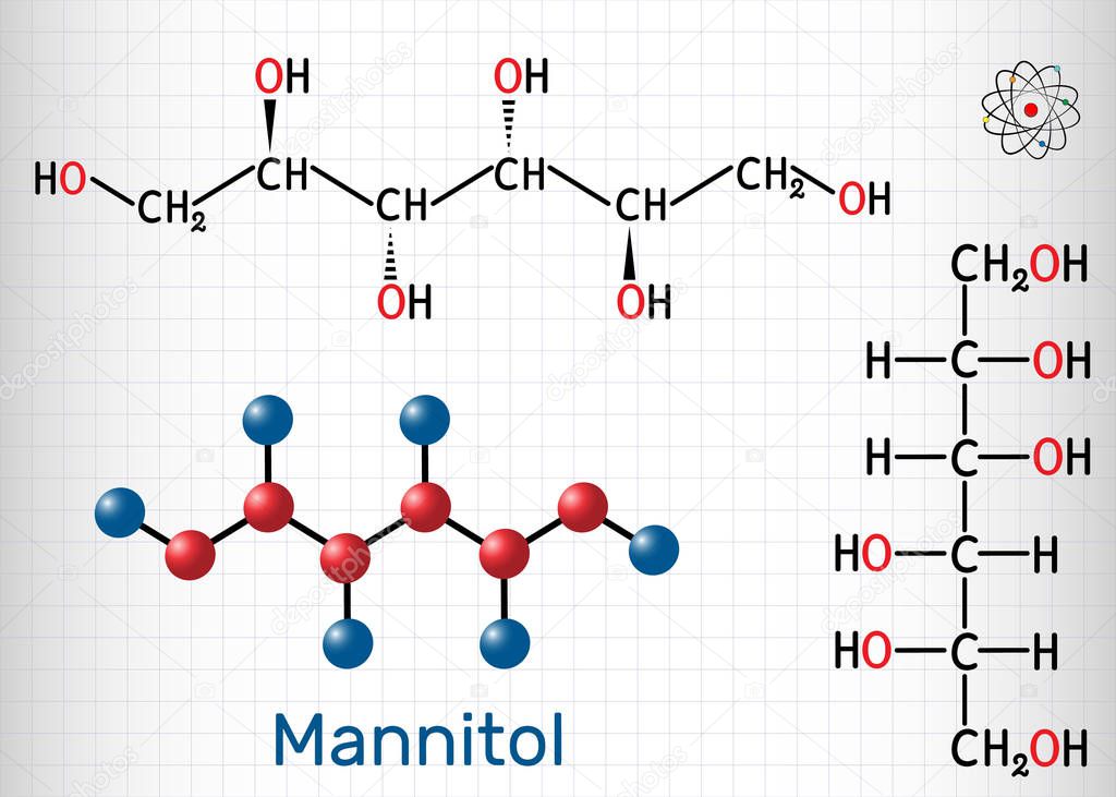 Mannitol, sugar alcohol, a sorbitol isomer molecule. It is used as a sweetener and medication. Structural chemical formula and molecule model. Sheet of paper in a cage.