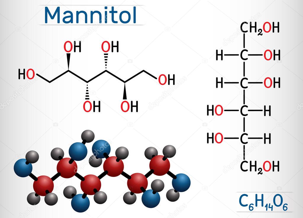 Mannitol, sugar alcohol, a sorbitol isomer molecule. It is used as a sweetener and medication. Structural chemical formula and molecule model.