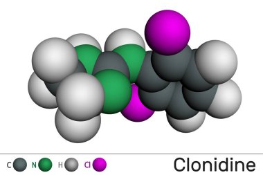 Klonidin molekülü. Hipertansiyon, şiddetli ağrı ve Adhd tedavisinde kullanışlıdır. Moleküler model