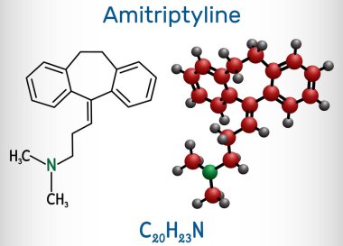 Amitriptilin C20h23n molekülü. Ağrı kesici özelliği olan trisiklik antidepresan Tca depresyon ve nöropatik ağrının tedavisinde kullanılır. Yapısal kimyasal formül ve molekül modeli.