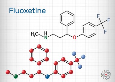Fluoxetine molekülü, seçici serotonin geri alma inhibitörü Sri 'nin antidepresanıdır. Yapısal kimyasal formül ve molekül modeli. Kafesteki bir kağıt parçası.