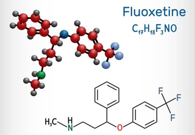 Fluoxetine molekülü, seçici serotonin geri alma inhibitörü Sri 'nin antidepresanıdır. Yapısal kimyasal formül ve molekül modeli. 