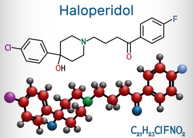 Haloperidol molekül, antipsikotik ilaçtır. Yapısal kimyasal formül ve molekül modeli.