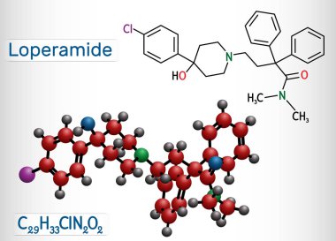 Loperamide, sentetik anti-ishal molekülü. Yapısal kimyasal formül ve molekül modeli.