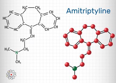 Amitriptilin C20h23n molekülü. Ağrı kesici özelliği olan trisiklik antidepresan Tca depresyon ve nöropatik ağrının tedavisinde kullanılır. Yapısal kimyasal formül ve molekül modeli. Kafesteki bir kağıt parçası