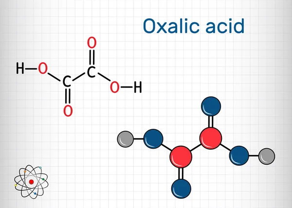 Molécula de ácido oxálico C2H2O4. Es ácido dicarboxílico. Fórmula química estructural y modelo molecular. Hoja de papel en una jaula . — Archivo Imágenes Vectoriales