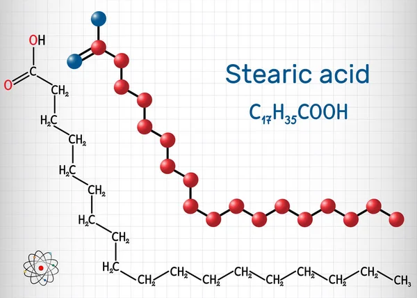 Ácido esteárico, octadecanóico, molécula de ácido gordo saturado. Fórmula química estrutural e modelo de molécula. Folha de papel em uma jaula — Vetor de Stock