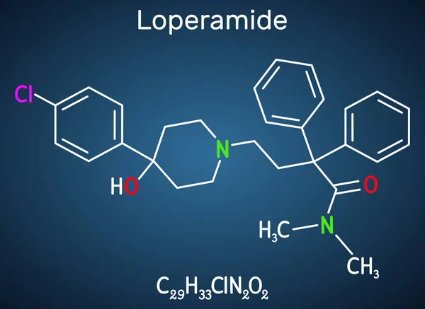 Loperamida, molécula antidiarreica sintética de acción prolongada. Fórmula química estructural sobre el fondo azul oscuro — Vector de stock