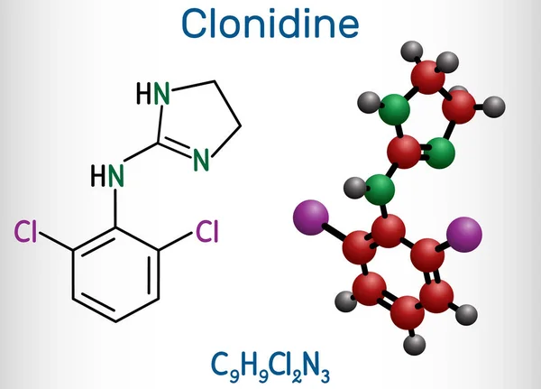 Molécula de clonidina. Es útil para el tratamiento de la hipertensión, el dolor intenso y el TDAH. Fórmula química estructural y modelo molecular . — Vector de stock