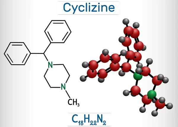 Molécula de ciclozina. Es antagonista de la histamina H1, se usa para tratar o prevenir el mareo por movimiento y las náuseas. Fórmula química estructural y modelo molecular . — Vector de stock