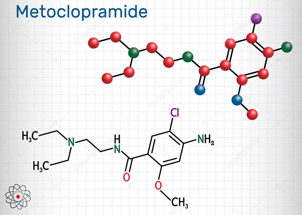 Metoclopramide, dopamine antagonist molecule. It is used to treat  nausea and vomiting,  to help with gastroesophageal reflux disease. Structural chemical formula and molecule model. Sheet of paper in a cage.