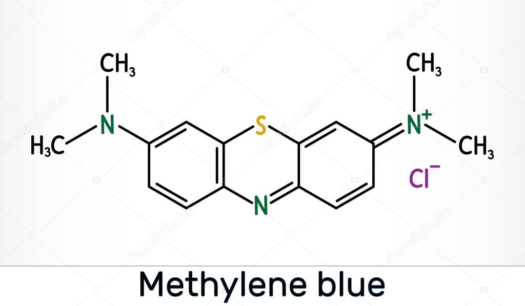 Methylene blue, methylthioninium chloride, C16H18ClN3S molecule. It is used to treat to treat methemoglobinemia. Skeletal chemical formula.