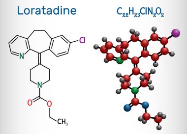 Loratadine C222h23cln2o2 molekülü. Antihistamin, alerji tedavisinde kullanılır. Yapısal kimyasal formül ve molekül modeli.