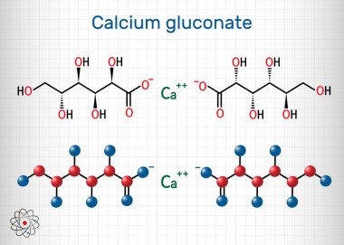 Kalsiyum glukonat C12h22cao14 molekülü, osteoporoz, raşitizm ve hipokalsemi tedavisi için mineral takviyesi olarak kullanılır. Yapısal kimyasal formül ve molekül modeli. Kafesteki bir kağıt parçası.