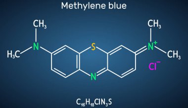 Metilen mavisi, metiltiyonyum klorür, C16h18cln3s molekülü. Metemoglobinemi tedavisinde kullanılır. Koyu mavi arkaplanda yapısal kimyasal formül.