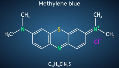 Methylene blue, methylthioninium chloride, C16H18ClN3S molecule. It is used to treat to treat methemoglobinemia. Structural chemical formula on the dark blue background. clipart