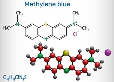 Methylene blue, methylthioninium chloride, C16H18ClN3S molecule. It is used to treat to treat methemoglobinemia. Structural chemical formula and molecule model. clipart