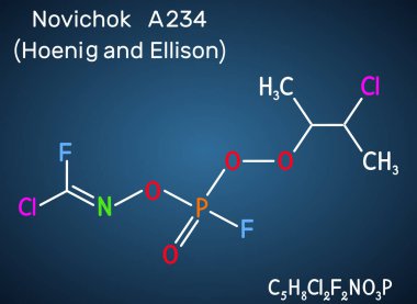 Novichok A-234, Hoenig ve Ellison 'a göre organofosfat sinir gazı, C5h8cl2f2no3p molekülü. Koyu mavi arkaplanda yapısal kimyasal formül.