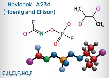 Novichok A-234, organofosfat, sinir gazı, Hoenig ve Ellison 'a göre C5h8cl2f2no3p molekülü. Yapısal kimyasal formül ve molekül modeli.
