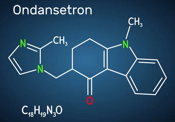 Ondansetrón C18H19N3O molécula. Se utiliza para tratar las náuseas y los vómitos, bloquea la acción de la serotonina en los receptores 5HT3. Fórmula química estructural sobre el fondo azul oscuro . — Vector de stock