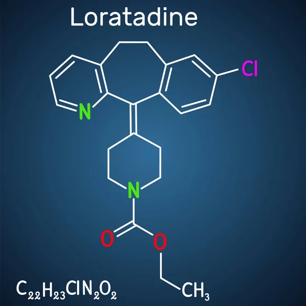Loratadina C22H23ClN2O2 molécula. Es antihistamínico, se usa para tratar alergias. Fórmula química estructural sobre el fondo azul oscuro — Vector de stock