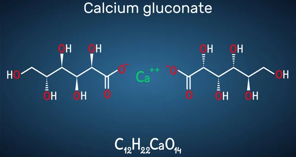 Glukonát vápenatý C12h22cao14 molekula, se používá jako minerální doplněk k léčbě osteoporózy, rickets, hypokalcémie. Strukturální chemický vzorec na tmavomodrém pozadí. — Stockový vektor