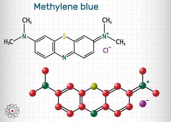 Azul de metileno, cloruro de metiltioninio, molécula C16H18ClN3S. Se utiliza para tratar la metahemoglobinemia. Hoja de papel en una jaula. Fórmula química estructural y modelo molecular . — Vector de stock