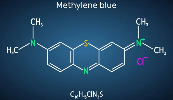 Azul de metileno, cloruro de metiltioninio, molécula C16H18ClN3S. Se utiliza para tratar la metahemoglobinemia. Fórmula química estructural sobre el fondo azul oscuro . — Vector de stock