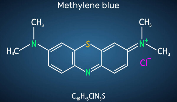 Methylene blue, methylthioninium chloride, C16H18ClN3S molecule. It is used to treat to treat methemoglobinemia. Structural chemical formula on the dark blue background.
