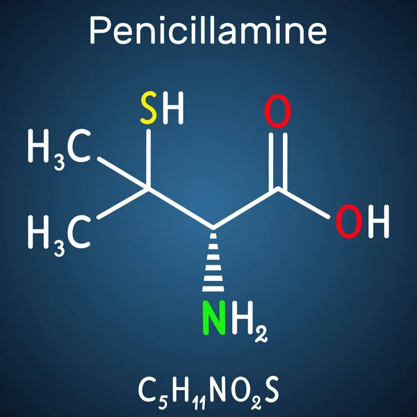 Penicilamina, D-penicilamina C5H11NO2S molécula. Es agente quelante, un medicamento antirreumático y alérgeno. Fórmula química estructural sobre el fondo azul oscuro . — Vector de stock