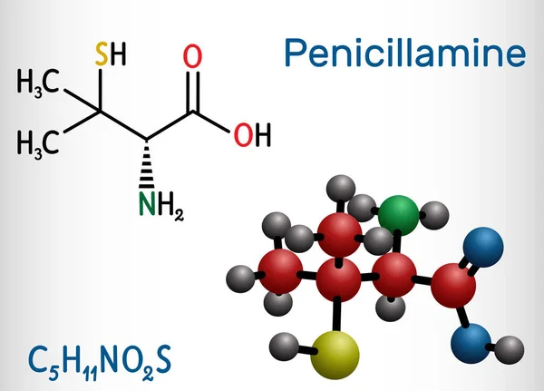 Penicilamina, D-penicilamina C5H11NO2S molécula. Es agente quelante, un medicamento antirreumático y alérgeno. Fórmula química estructural y modelo molecular — Vector de stock