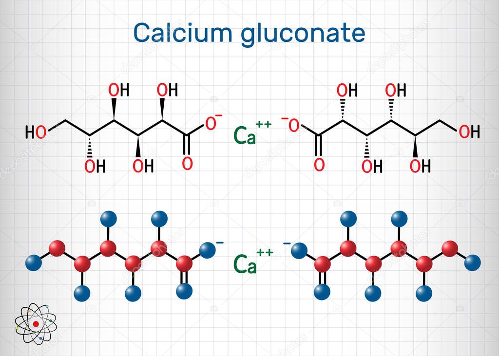 Calcium gluconate C12H22CaO14 molecule, is used as mineral supplement for the treatment osteoporosis, rickets, hypocalcemia. Structural chemical formula and molecule model. Sheet of paper in a cage.