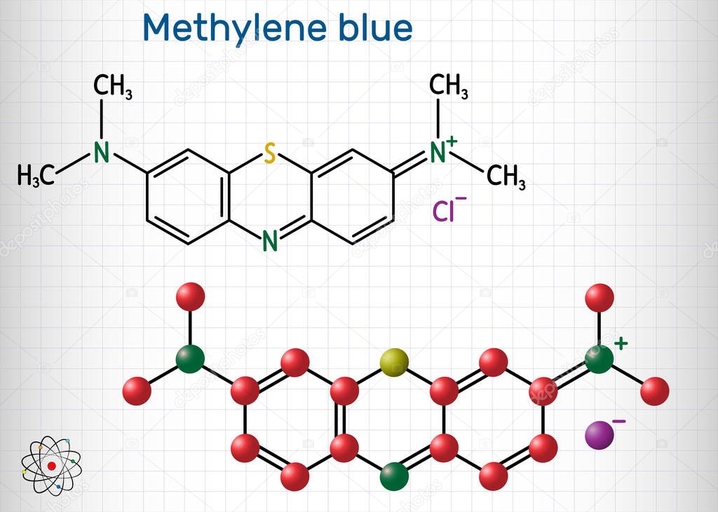 Methylene blue, methylthioninium chloride, C16H18ClN3S molecule. It is used to treat to treat methemoglobinemia. Sheet of paper in a cage. Structural chemical formula and molecule model. 