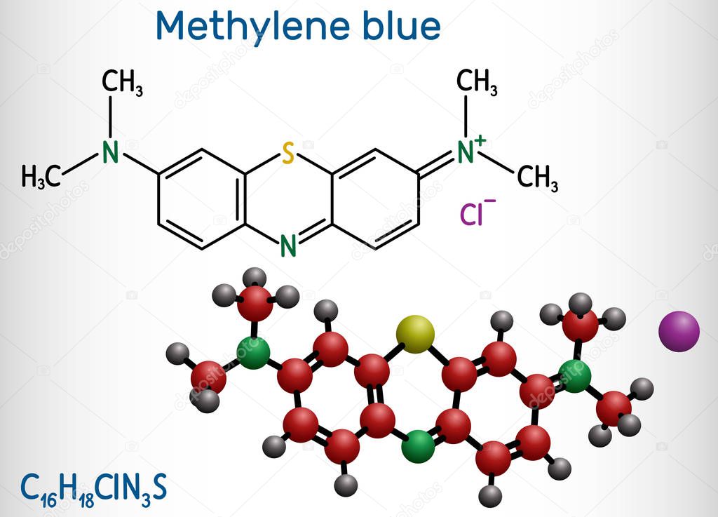 Methylene blue, methylthioninium chloride, C16H18ClN3S molecule. It is used to treat to treat methemoglobinemia. Structural chemical formula and molecule model.
