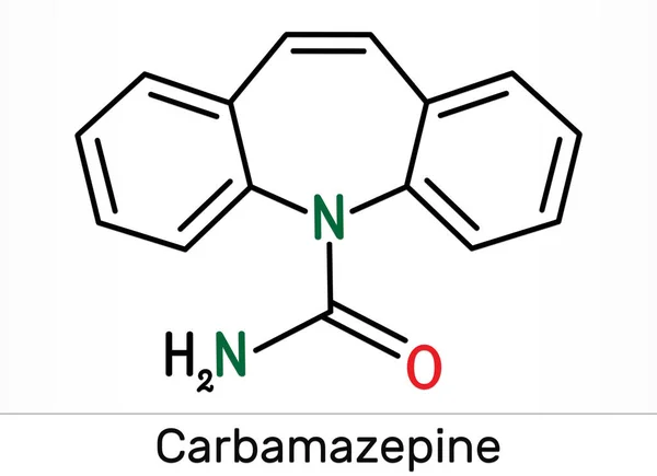 Carbamazepina, CBZ, C15H12N2O molécula. Es un fármaco anticonvulsivo y analgésico, utilizado en la terapia de la epilepsia y la neuralgia del trigémino. Fórmula química esquelética . — Foto de Stock