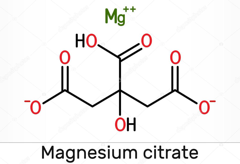 Magnesium citrate, C6H6MgO7 molecule. It is food additive E345. Skeletal chemical formula