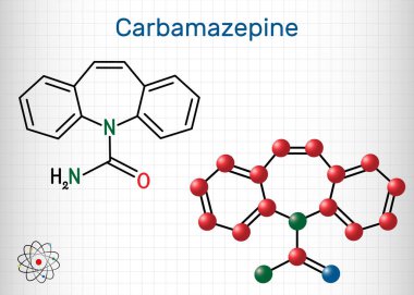 Carbamazepine, CBZ, C15H12N2O  molecule. It is anticonvulsant and analgesic drug, used in therapy of epilepsy and trigeminal neuralgia. Sheet of paper in a cage clipart