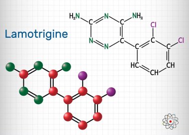 Lamotrigine molekülü. Epilepsi ve bipolar bozukluk tedavisinde kullanılır. Yapısal kimyasal formül ve molekül modeli. Kafesteki bir kağıt parçası